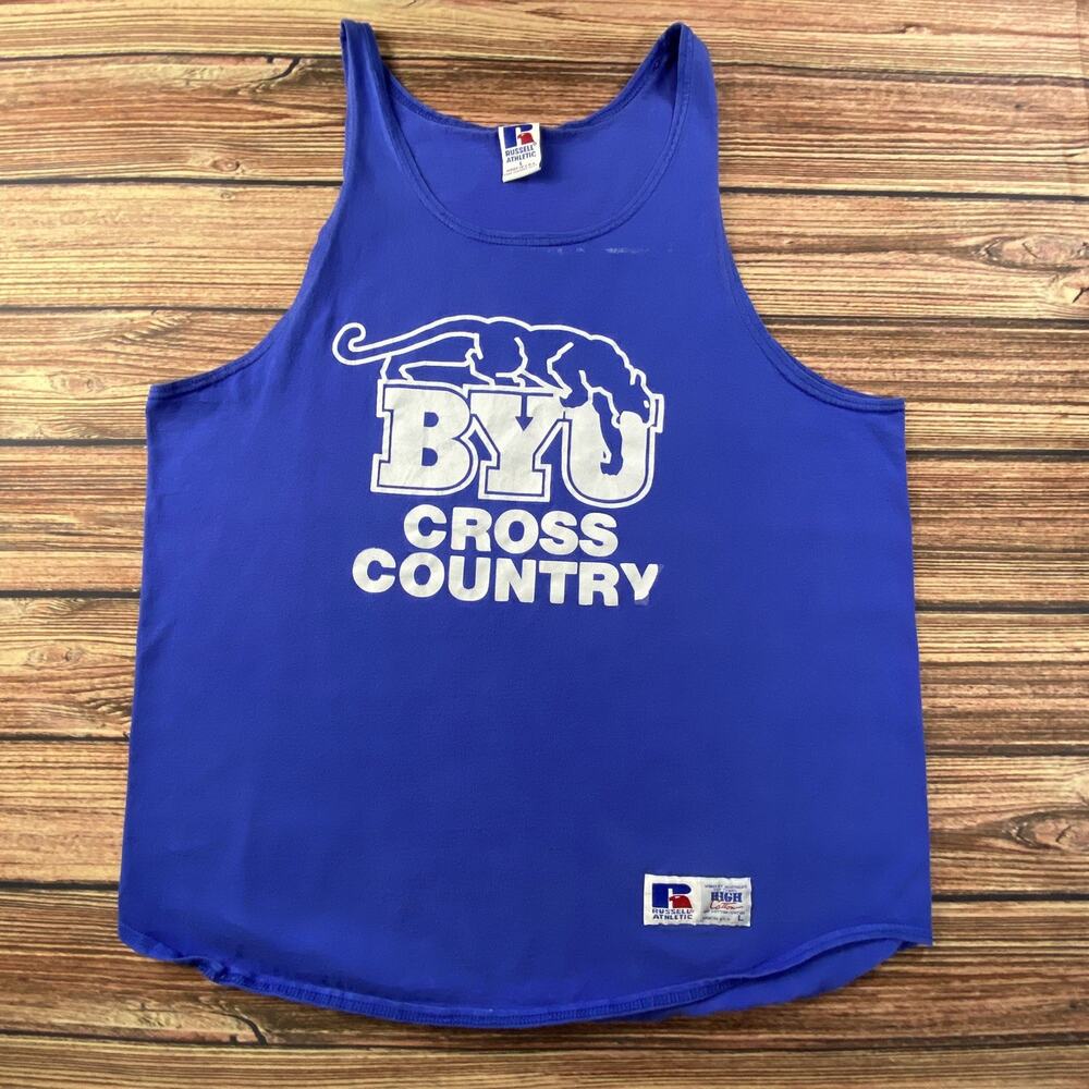 Vtg 90s Russell Athletic BYU Collage Cross Country Blue Tank Top Size L